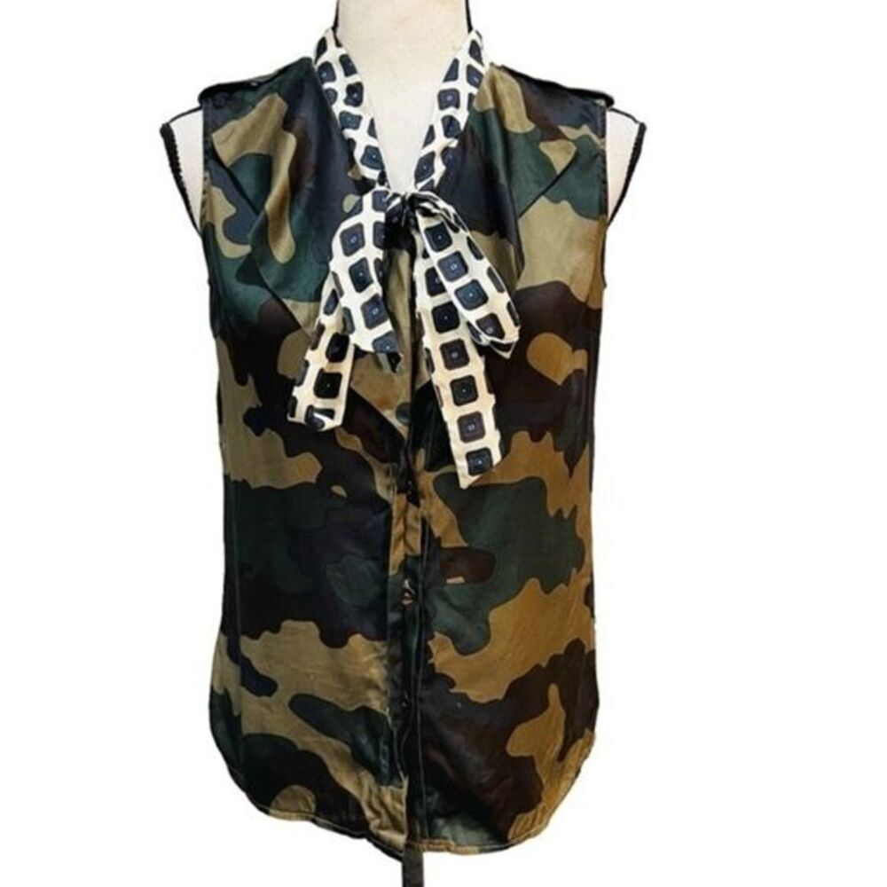 BAGUTTA Dark Green Sleeveless Mixed Print Silk Tie Blouse Top Size Small